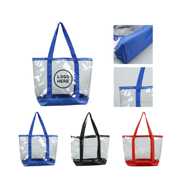 Clear PVC Shopping Tote Bag with 600D Trim, Zipper Top, and Front Pocket