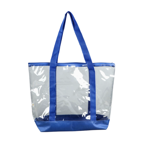 Clear PVC Shopping Tote Bag with 600D Trim, Zipper Top, and Front Pocket