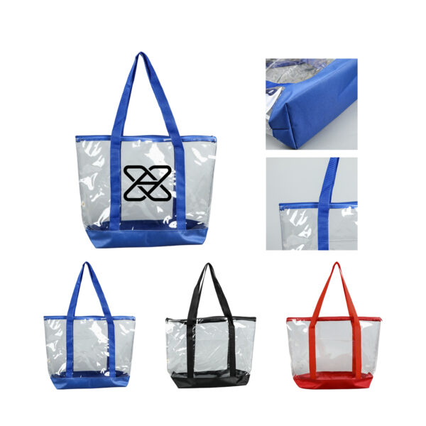 Clear PVC Shopping Tote Bag with 600D Trim, Zipper Top, and Front Pocket
