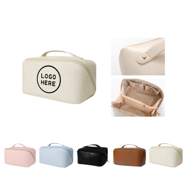Waterproof PU Leather Cosmetic Bag with Multiple Pockets and Two-Way Zippers