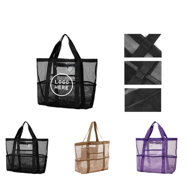 SPL139 Mesh Beach Tote Bag with Secure Zipper Pocket