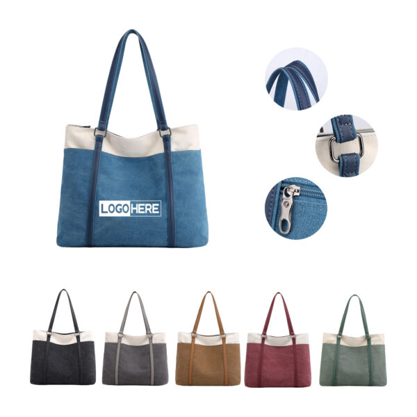 Women Canvas Laptop and Shopping Tote Bag with PU Leather Handles