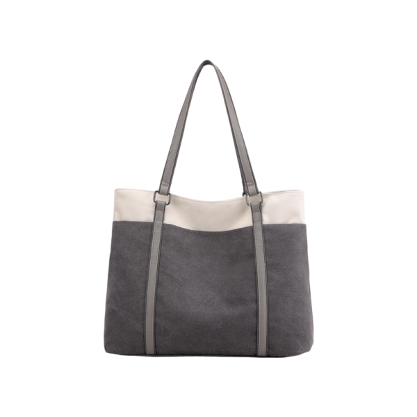 Women Canvas Laptop and Shopping Tote Bag with PU Leather Handles